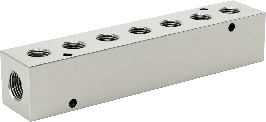 Nikel Kaplı Alüminyum Dik Açılı Akış Manifoldu, Bir tarafta 7 çıkışlı, 3/8 NPT x 1/4 NPT