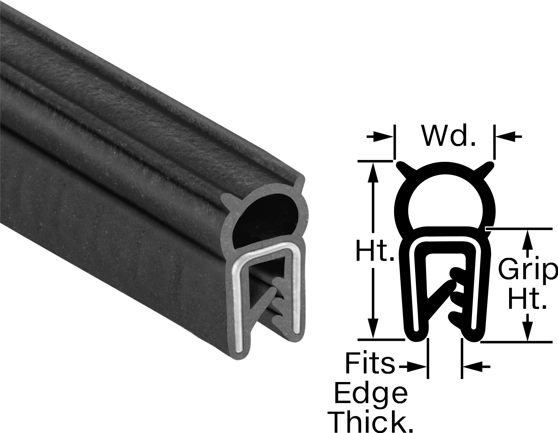 Üst Ampulü Olan Alev Geciktirici Takmalı Kenar Contası, 3/64" ila 5/64" Kenar Kalınlığına Uygun — İçi Boş, 25/32", EPDM Köpük