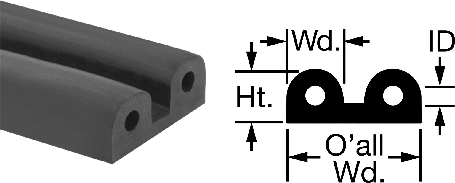 Yüksek Sıcaklık Kauçuk Kenar Contası, Yüzeye Montaj, Yapışkanlı, İçi Boş, 1-1/4" Toplam Genişlik, Siyah — 1⁄2", 1⁄2", İçi Boş