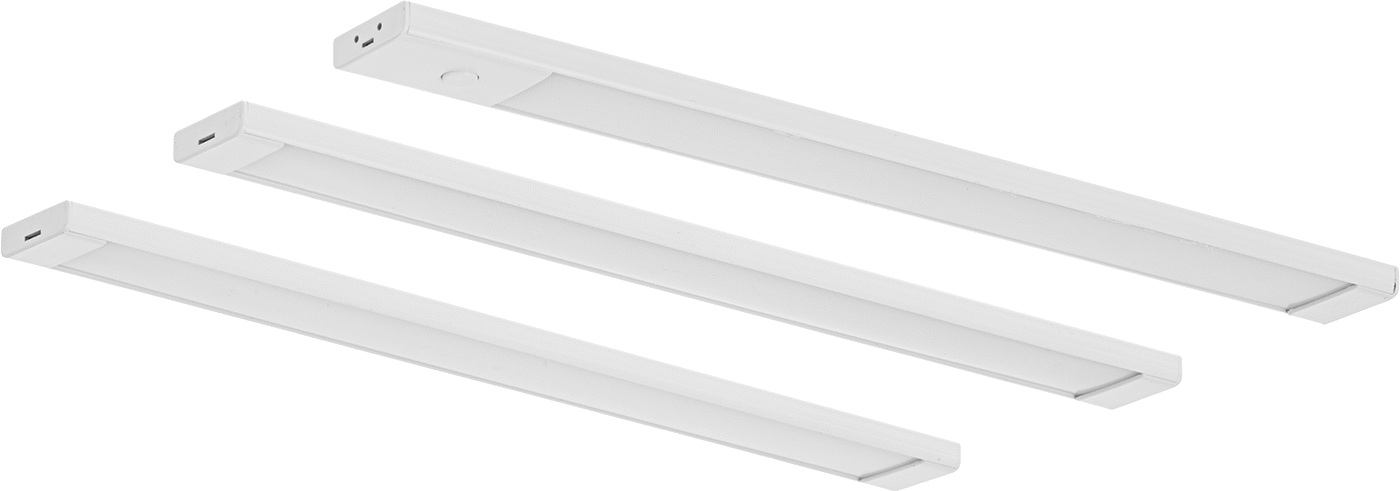 Dolap Altı Şerit Işık, Yapışkan Arka Yüzeyli ve Bağlantı Elemanı Montajlı, 400 lümen — Adhesive Back, Fastener, 120V AC, Düz Bıçak