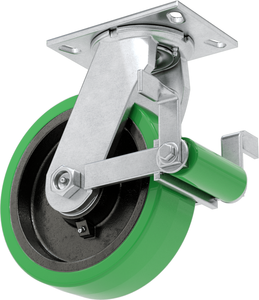 6-1/4" x 4-1/2" Plakalı Viking Tekerlek, Frenli ve 8" Çapında Poliüretan Tekerlekli Döner Tekerlek — 2,000 lb., Çekirdek Üzerindeki Diş, 8"