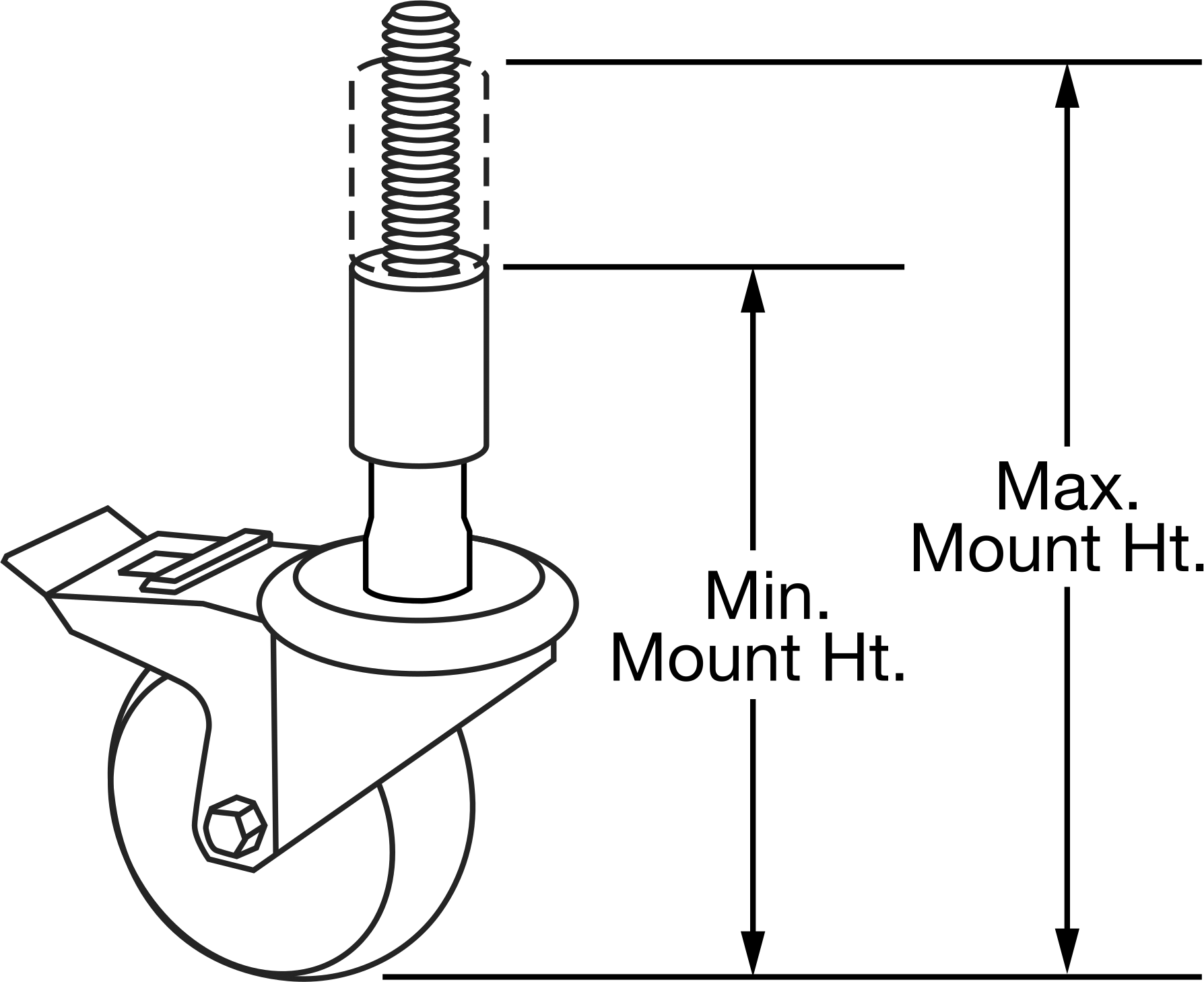Hijyenik Dişli Saplı Tekerlek, 3/4"-10 Gövde Diş Boyutu, 8" ila 9-7/16" Montaj Yüksekliği
