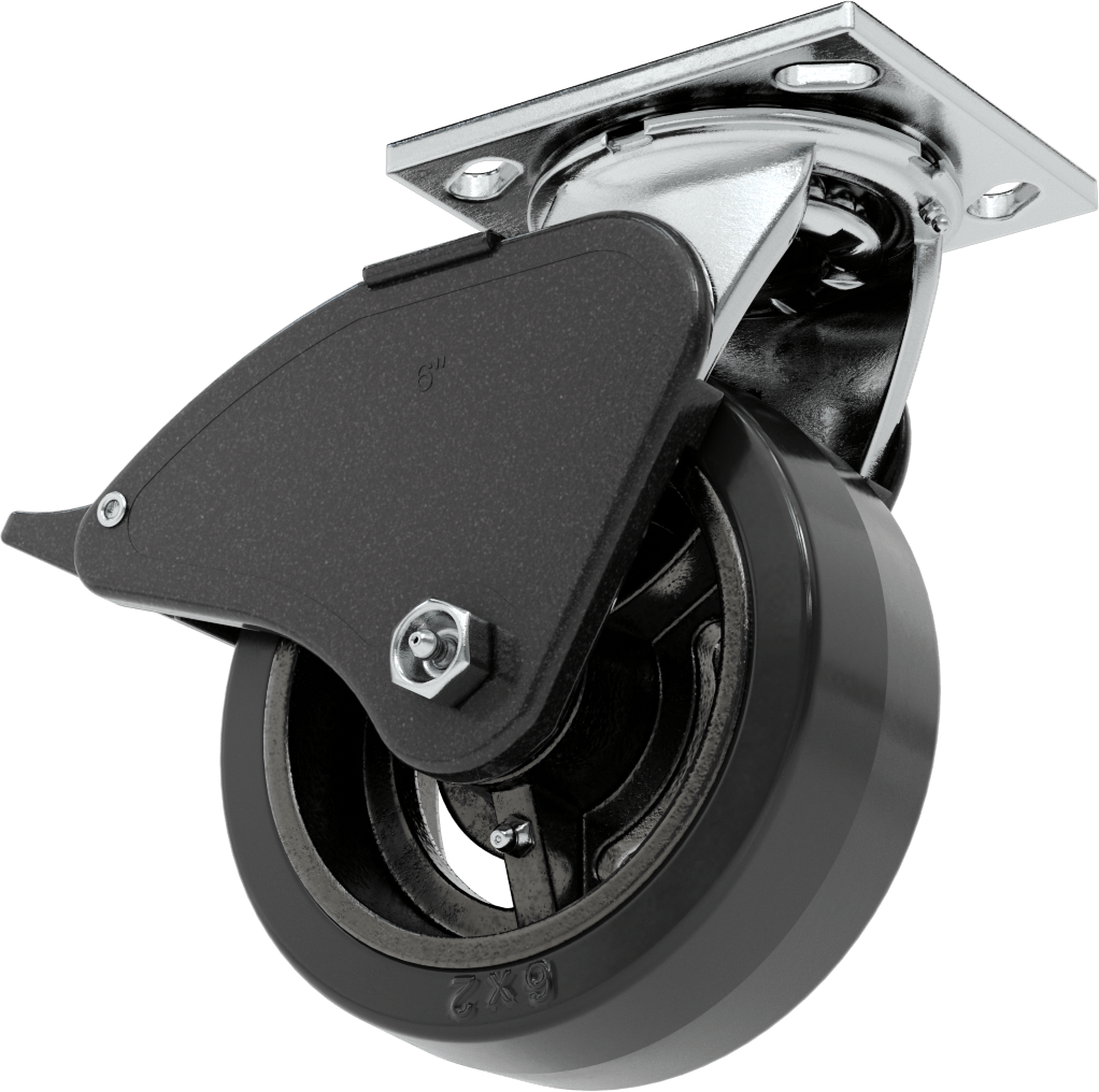 4-1/2" x 4" Montaj Plakalı Samson Tekerlek, Total Lock özellikli ve 6 inç çapında siyah lastik tekerlekli döner ayak, Açık Rulman — 6", L…
