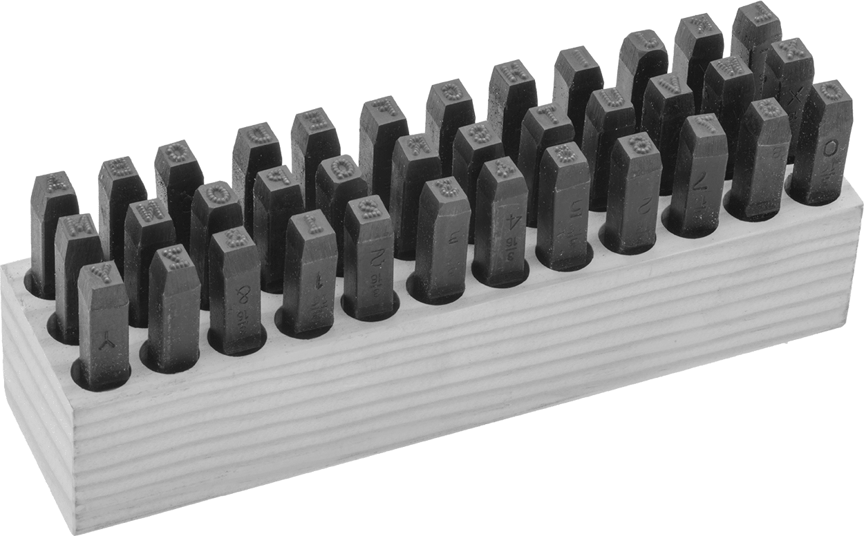 Ekstra Nazik İz Bırakmayan Çelik Damga, Harf ve Rakam Seti, 1/8" Karakter Yüksekliği — 1/8", 3/8", Çelik