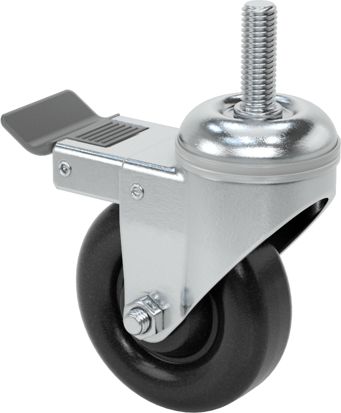 Tam Kilitli Dişli Saplı Tekerlek, 1/2"-13 Dişli x 1-1/2" Uzunlukta Şaft, 3-1/2" Çapında Polipropilen Tekerlek
