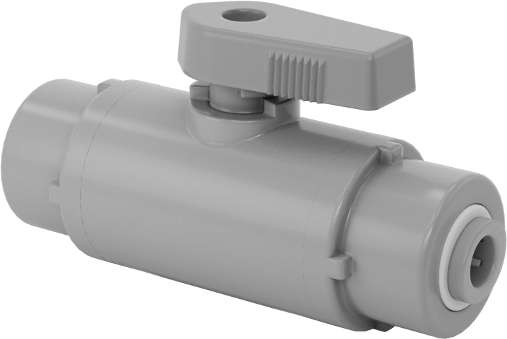 Gri PVC Açma/Kapama Vanası, Düz, 1/4" Dış Çaplı Boru için İtmeyle Bağlanan, Tam Bağlantı