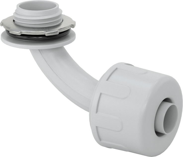 Sıvı Geçirmez Esnek Plastik Kanal Adaptörü, 90 Derece Dirsek, 3/8 Geçmeli Dişi x 1/2 NPT Erkek, Gri — 3⁄8, 90° Dirsek, Nylon, Plastic
