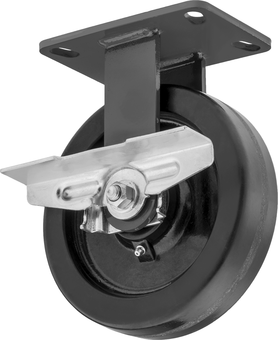 6-1/2" x 4-1/2" Plakalı Yüksek Kapasiteli Kingston Tekerlek, Sağ Taraf Frenli ve 8" Çaplı Fenolik Tekerlekli Sabit — 8", Levha, Sert