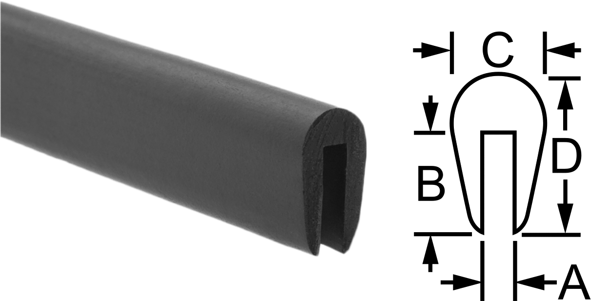 EPDM Kauçuk Kenar Çıtası, 1/32" Genişlik x 1/4" İç Yükseklik — 1⁄32", Siyah, 3⁄8"