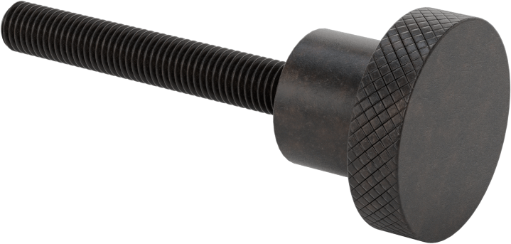 Siyah Oksit Çelik Tırtıllı Tutma Düğmesi, 1/4"-28 dişli 1-3/4" uzunluğunda saplamalı, 1" Çapında Başlık — 1⁄4"-28, 1 3⁄4", Siyah Oksit Çelik