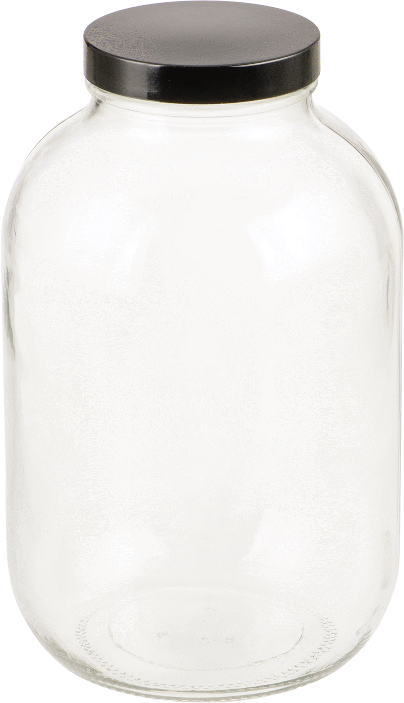 Şeffaf Cam Kavanoz, Kaplamalı Kağıt Contalı, 1 Galon/3775 ml Kapasite — Glass, Paper, Phenolic, Plastic, Soda-Lime Glass, 1 gal., 3,775 m…