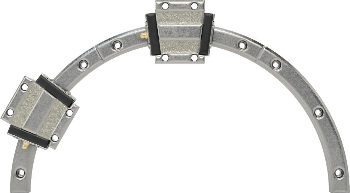 Eğriler için Bilyalı Rulmanlı Taşıyıcılar ve Kılavuz Raylar, 100 mm Bükülme Yarıçaplı Yarım Yuvarlak Ray, 310 mm Uzunluk