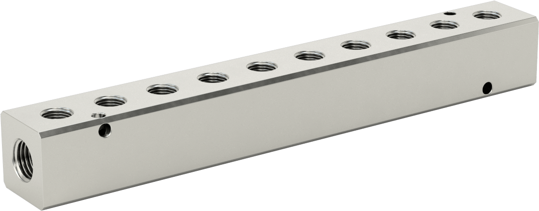 Nikel Kaplı Alüminyum Dik Açılı Akış Manifoldu, Bir Tarafında 10 Çıkışlı, 1/4 NPT x 1/8 NPT