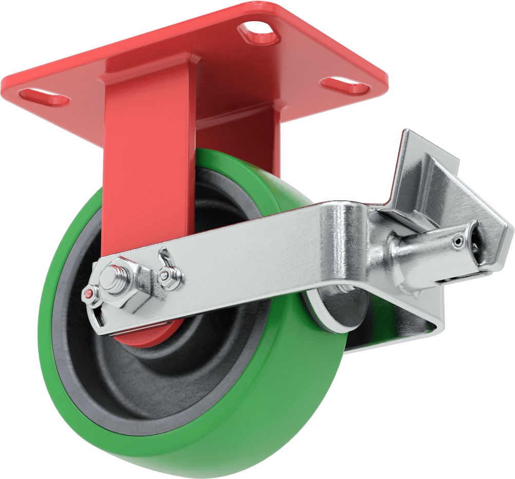 6-1/2" x 4-1/2" Plakalı Yüksek Kapasiteli Kingston Tekerlek, Frenli ve 6 inç Çaplı Yeşil Poliüretan Tekerlekli Sabit — 6", Levha, Sert