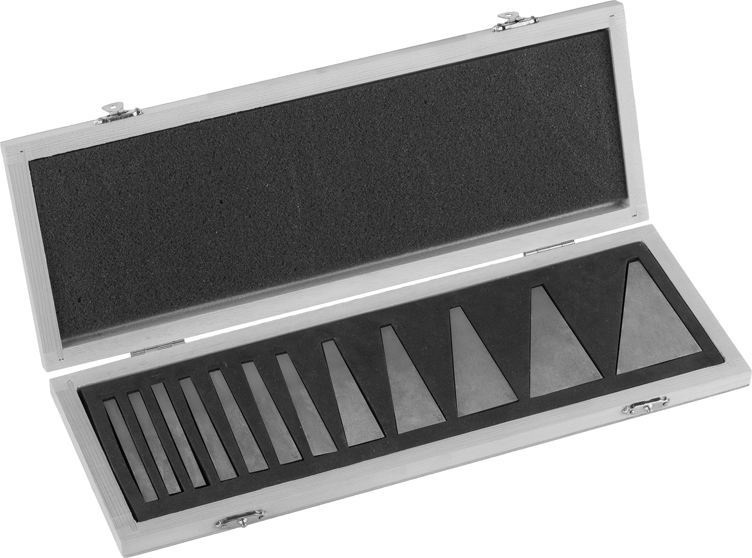 Açı Bloğu 12 Parça Set — 12, Her biri 0.25° açılı birer blok, 0.5°, 1°, 2°, 3°, 4°, 5°, 10°, 15°, 20°, 25°, ve 30°, ±0.042°