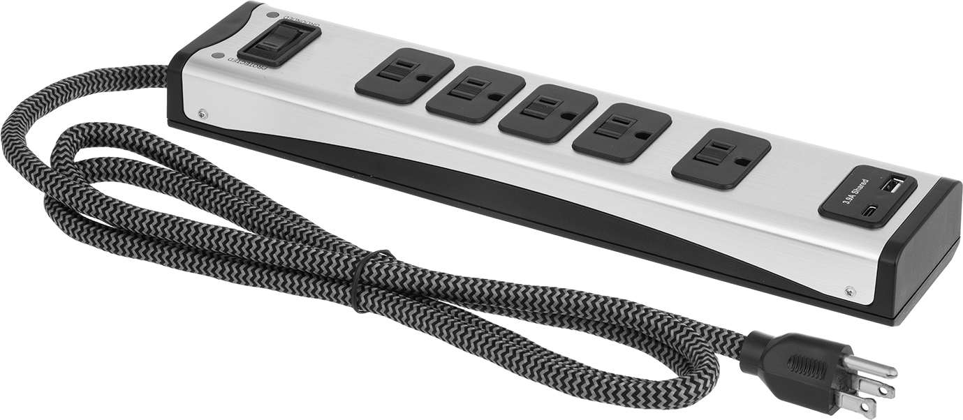 Priz Şeridi, 1 adet USB-A ve 1 adet USB-C bağlantı noktalı, 5 Çıkış, 6' Uzunlukta Kablo — Devre Kesici, Aşırı Gerilim Önleyici, 6 ft., 5