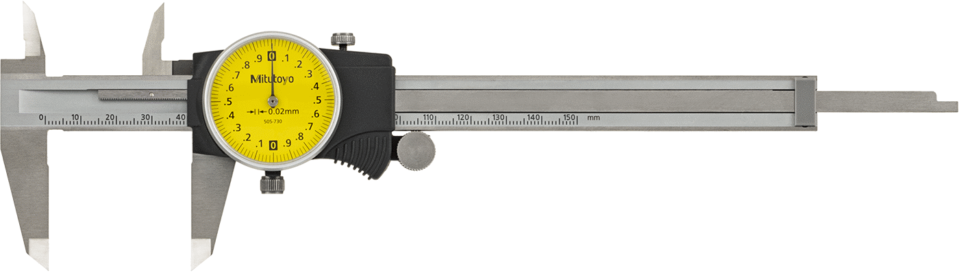 Mitutoyo Kadranlı Kumpas, NIST Sertifikalı, Model Numarası 505-730, 0 mm ila 150 mm Aralık — Kadran, Sarı, Paslanmaz Çelik