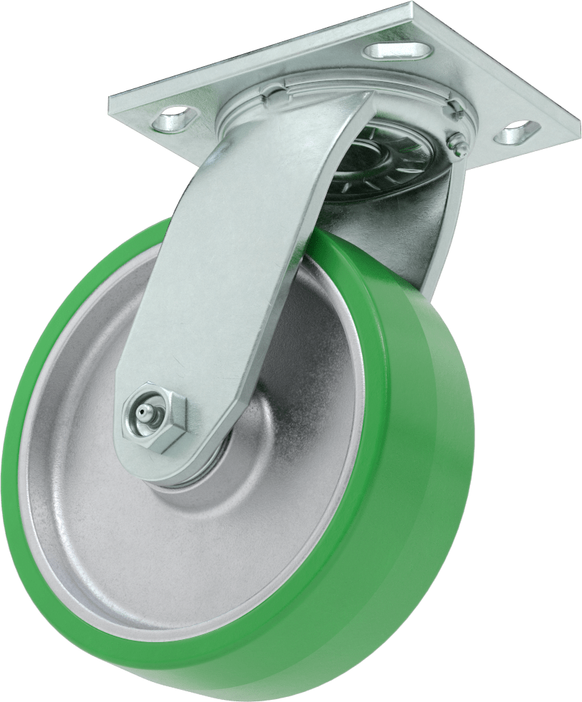 4-1/2" x 4" Plakalı Yüksek Kapasiteli Spartan Tekerlek, 6" Çaplı Korumalı Rulmanlı Poliüretan Tekerlekli Döner Tekerlek — 6", Levha, 1,20…
