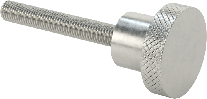 303 Paslanmaz Çelik Tırtıllı Düğme, 1/4"-28 dişli 1-3/4" uzunluğunda saplamalı, 1" Baş Çapı — 1⁄4"-28, 1 3⁄4", 303 Paslanmaz Çelik
