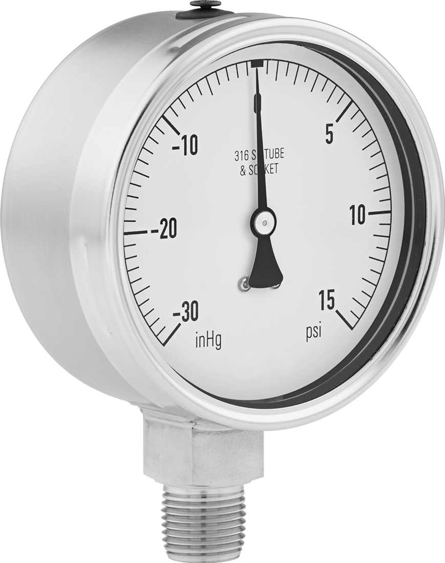 Tek Ölçekli Titreşim ve Paslanma ve Aşınmaya Dayanıklı Gösterge, Bileşik, 4" Kadran, 1/2 NPT Erkek Alt Bağlantı, 0-15 PSI