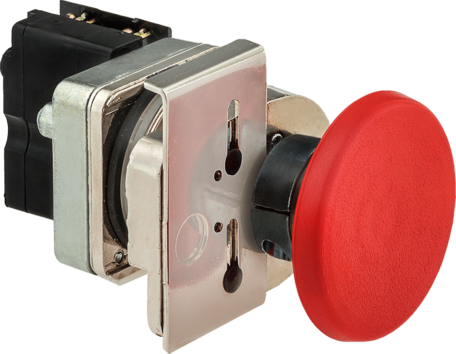 30 mm Panel Montajlı Basmalı Aktüatör Anahtarı, Acil Durdurma ve Kilitlemeli, Metal Taban, DPST-1NO/1NC — Çekme, Mantar, Aydınlatmasız