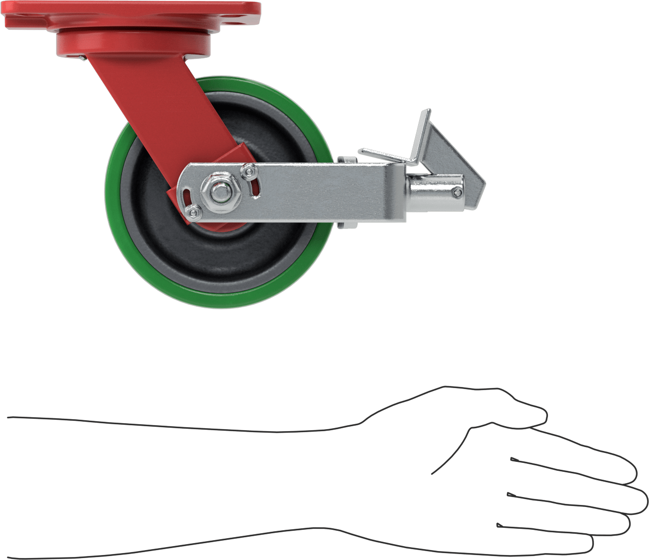 6-1/2" x 4-1/2" Plakalı Yüksek Kapasiteli Kingston Tekerlek, Frenli Döner Ayak ve 6 inç Çapında Yeşil Poliüretan Tekerlek
