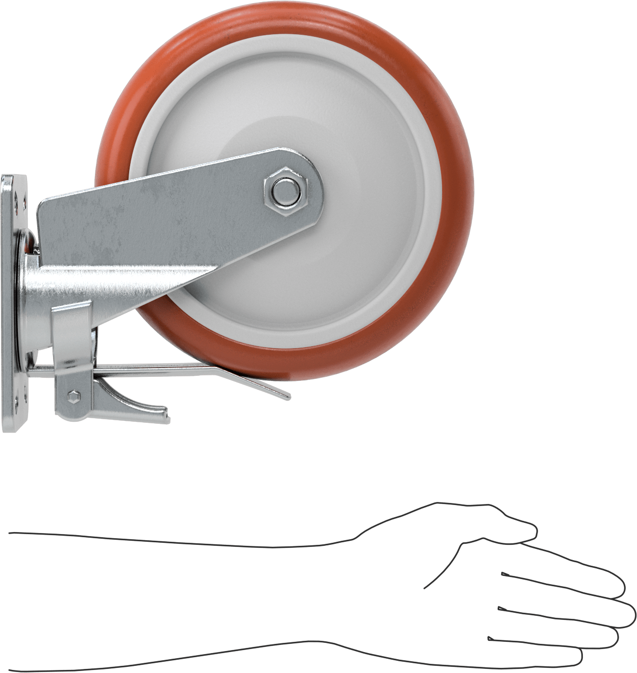 6-5/8" x 4-3/4" Plakalı Kolay Dönen Tekerlek, Yüksek Kapasiteli, Frenli ve 10" Çapında Kırmızı Poliüretan Tekerlekli Döner