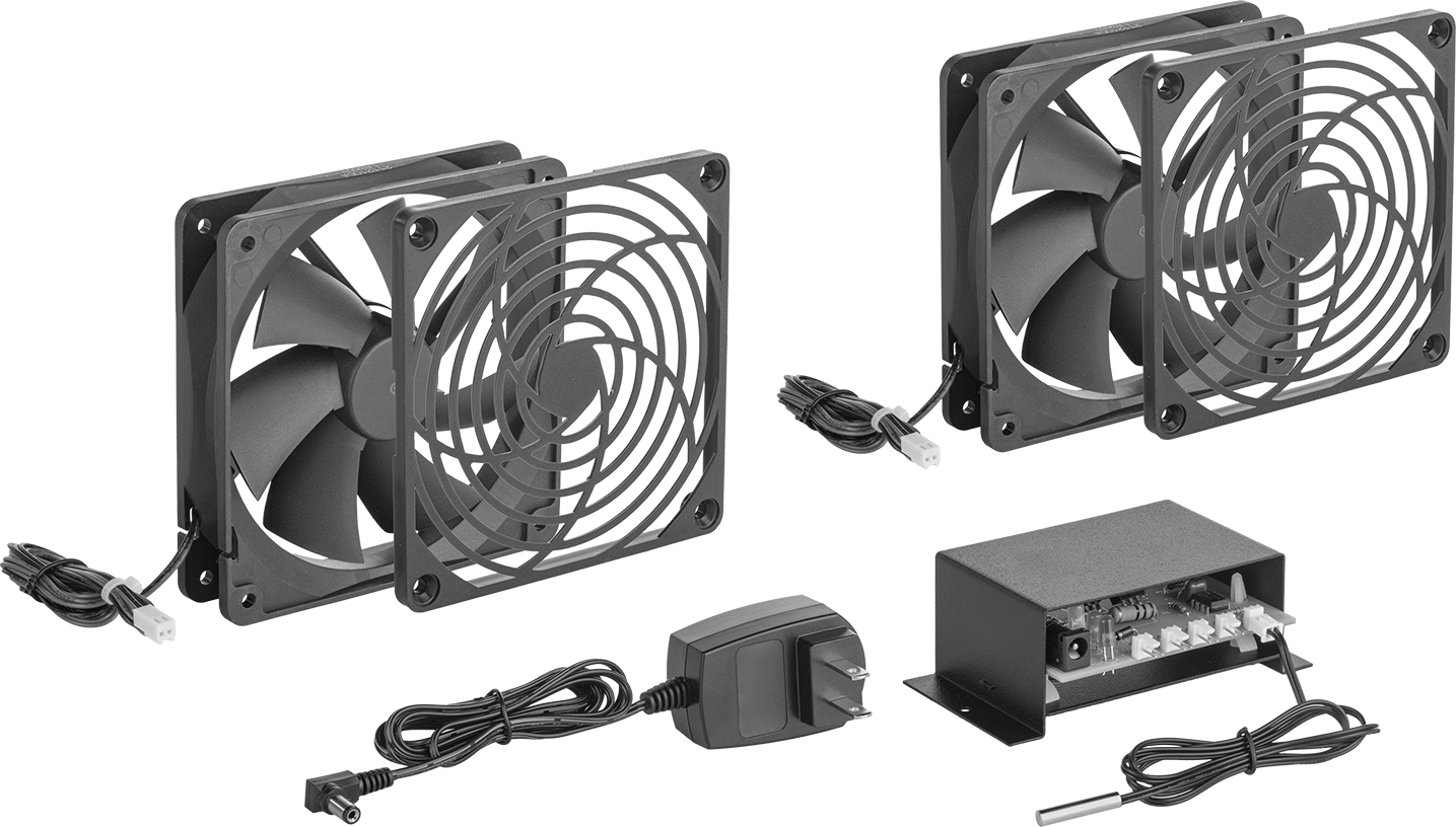 Ekipman Soğutma Fan Kiti, İki Adet 4.72" Kare Fan ile, İki adet fan koruyucu, ve Termostat — Kare, 120V AC, Evet