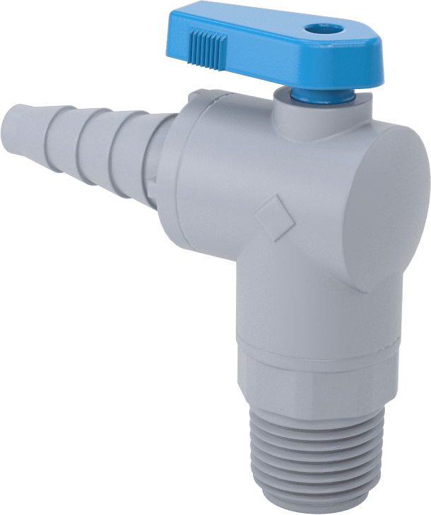 Tırnaklı Bağlantı Parçalı Plastik Açma/Kapama Vanası, 3/8", 1/2" ve 5/8" boru iç çapı x 1/2 NPT erkek, Dirsek