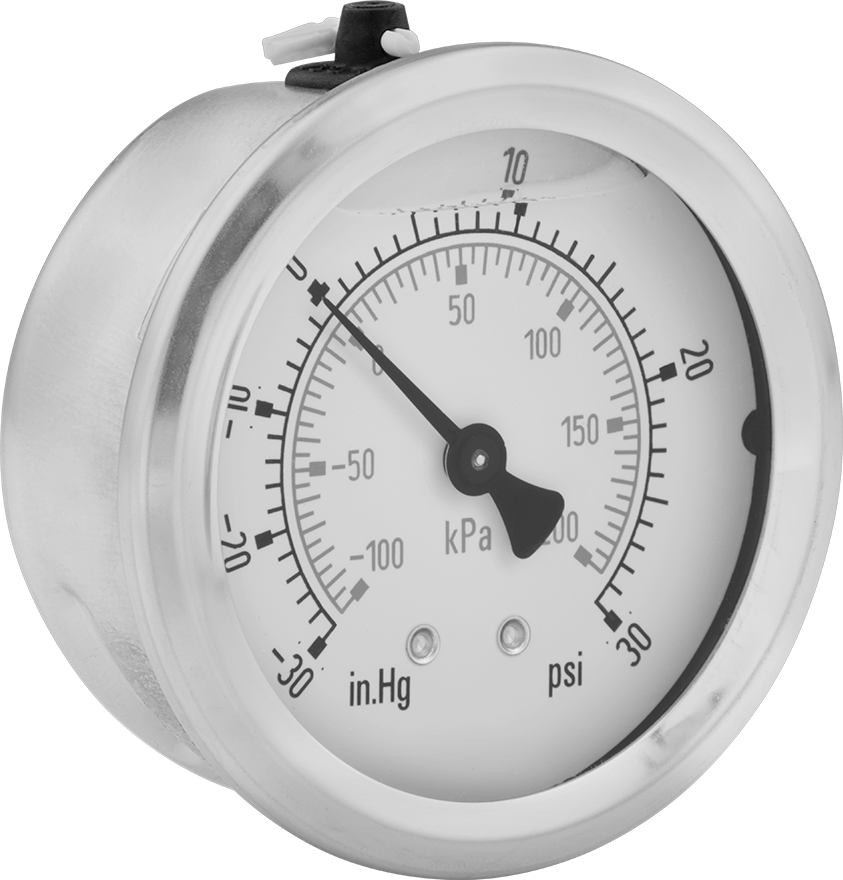 Çift Ölçekli Titreşim ve Paslanma ve Aşınmaya Dayanıklı Ölçer, Bileşik, Sertifikalı, 2.5" Kadran, Orta Arka Bağlantı, 0-30 PSI