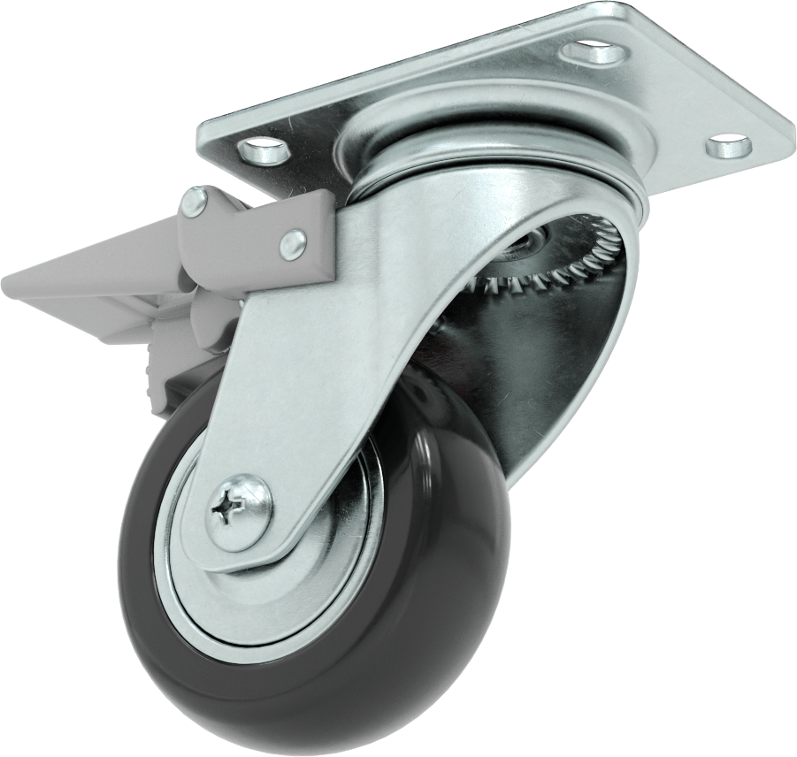 3-3/4" x 2-3/4" Plakalı Statik Kontrol Tekerlek, Kilitli ve 3 inç x 1-1/8 inç Siyah Çekirdek Üzerine Baskılı Kauçuk Tekerlekli Döner Tekerlek