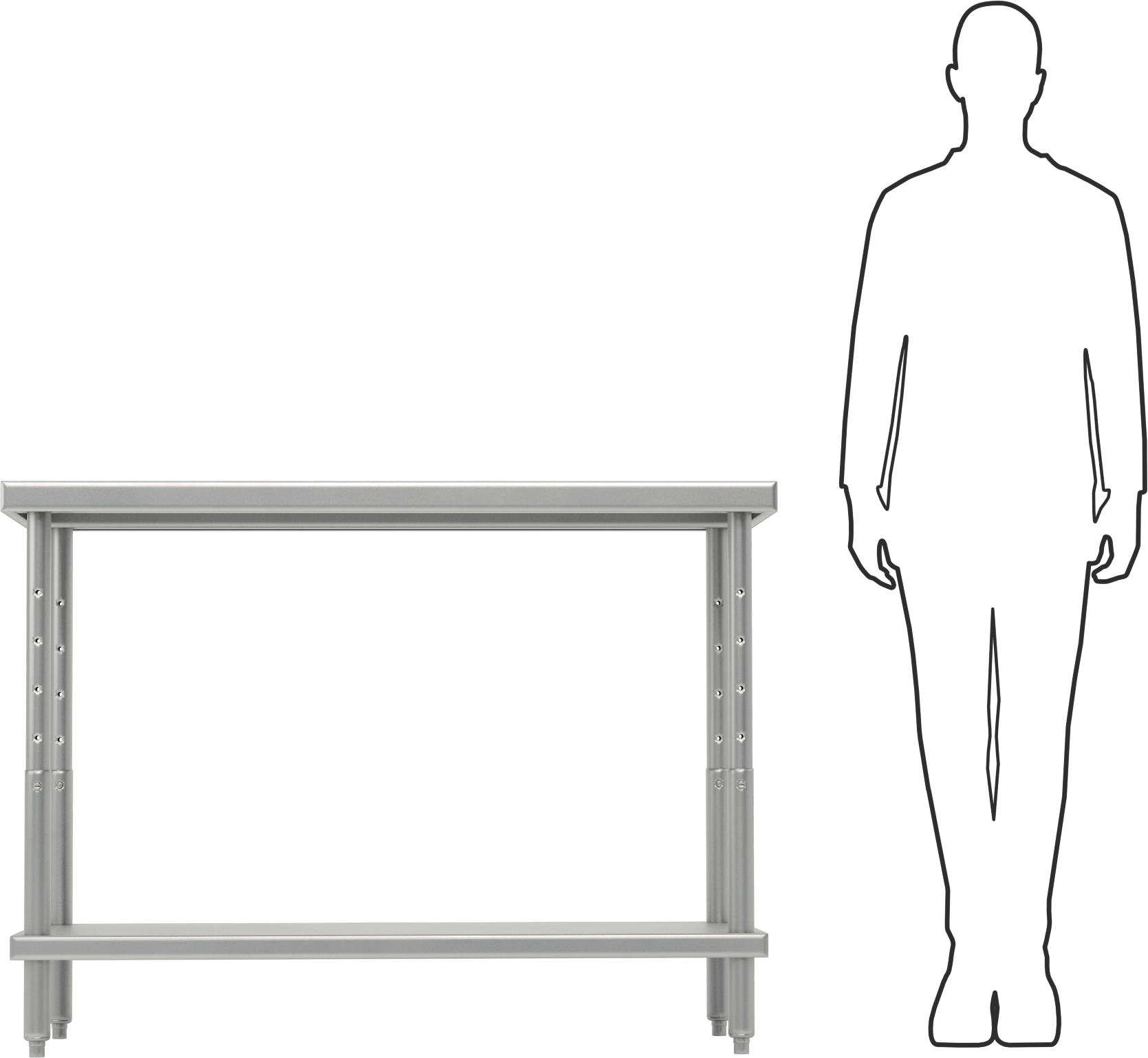 Yüksekliği Ayarlanabilir Paslanmaz Çelik Masa, Raflı, 24"-36" Yükseklik x 48" Genişlik x 24" Derinlik