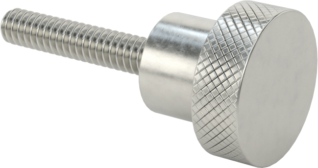 303 Paslanmaz Çelik Tırtıllı Düğme, 10-24 Dişli 1" Uzunlukta Saplamalı, 3/4" Baş Çapı — 10-24, 1", 303 Stainless Steel, Stainless Steel