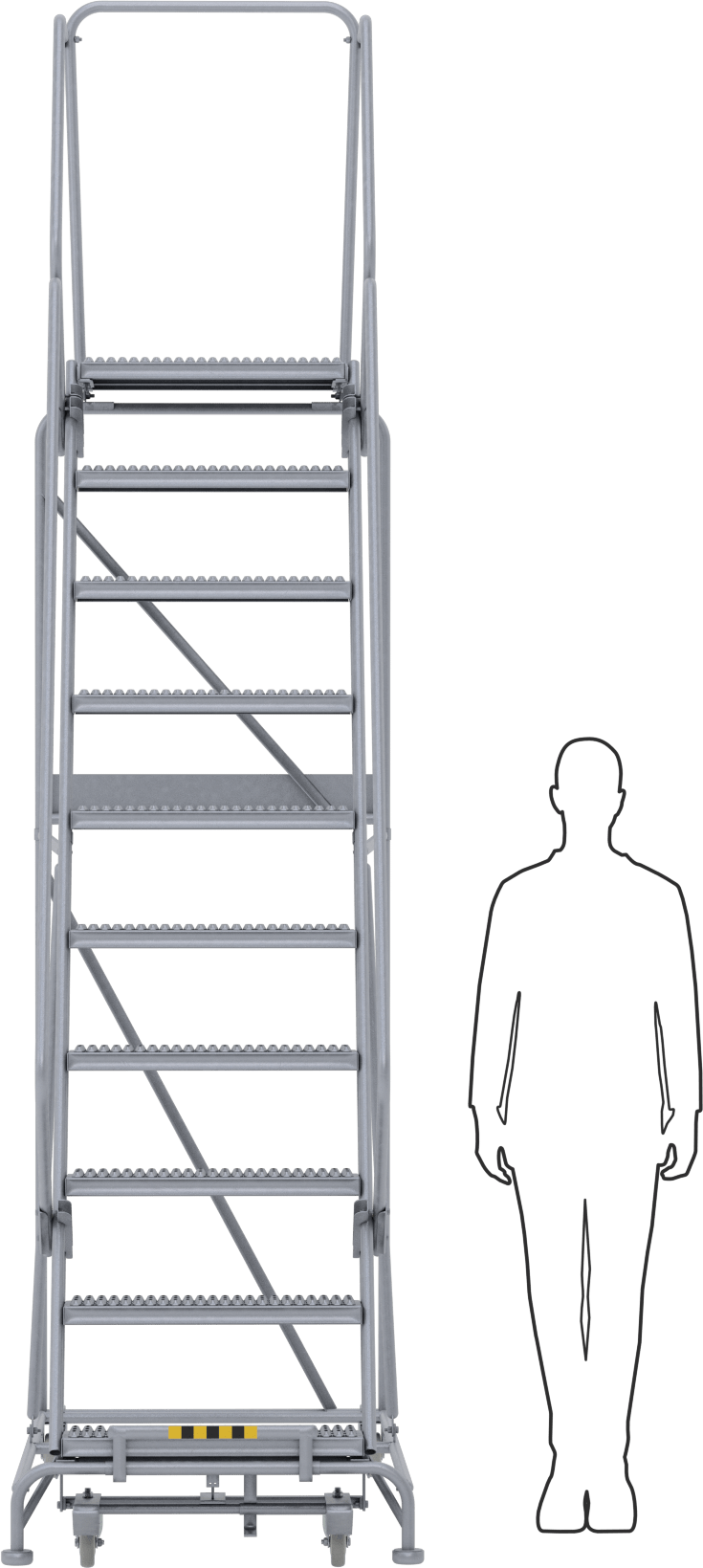 Montajlanmamış Tırtıklı Platformlu Tekerlekli Merdiven, 10 Kademeli, 8'4" Yükseklik x 14" Derinlik Platform, 11'1 inç Toplam Yükseklik