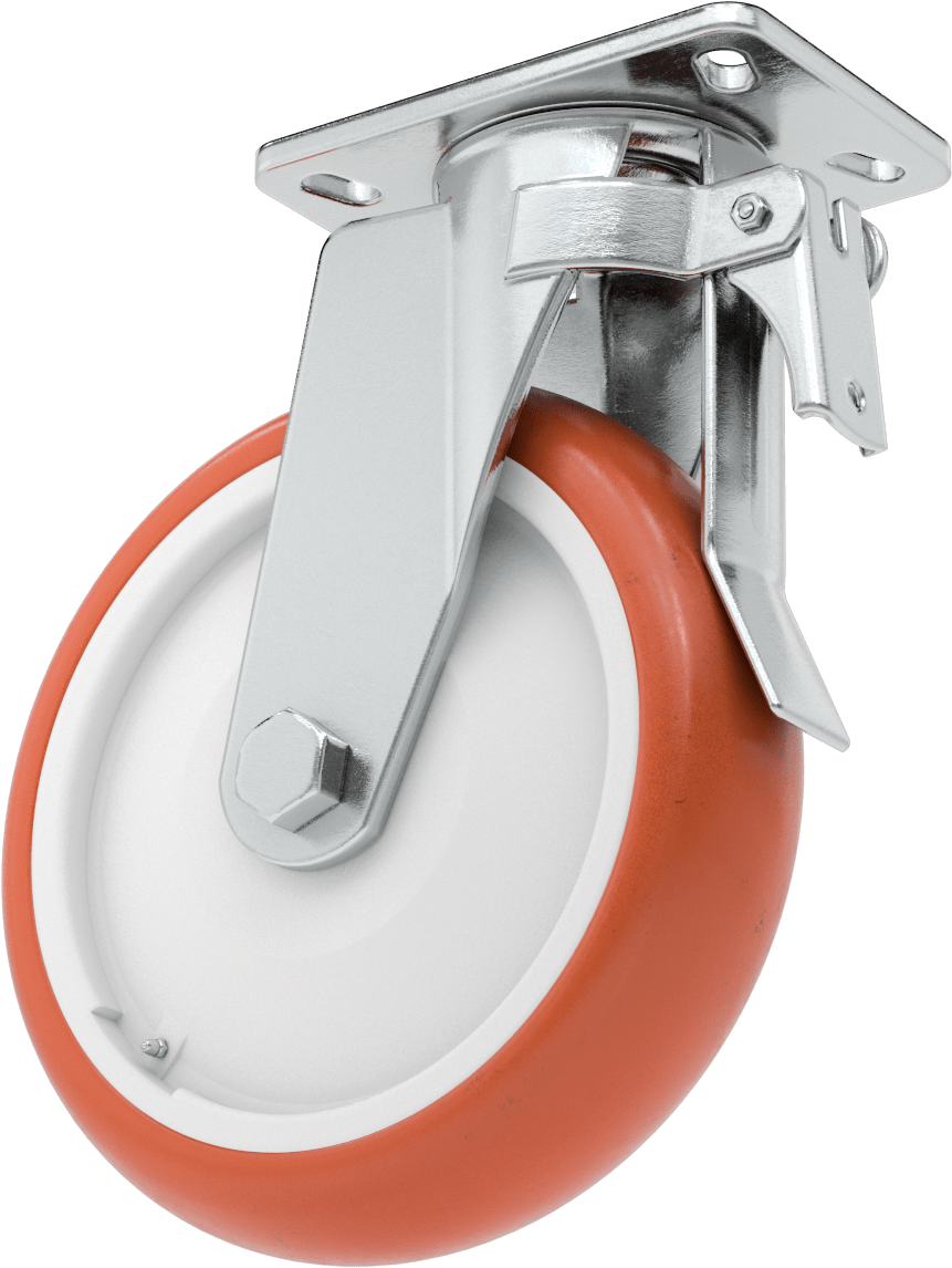 6-5/8" x 4-3/4" Plakalı Kolay Dönen Tekerlek, Yüksek Kapasiteli, Frenli ve 10" Çapında Kırmızı Poliüretan Tekerlekli Döner