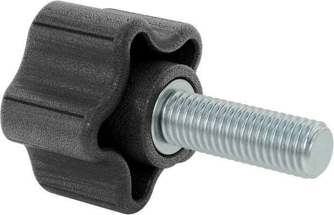 Rahat Tutuşlu Plastik Beş Kollu Topuz, M10 x 1.5 mm Dişli 30 mm Uzunlukta Saplama ile, 39 mm Genişliğinde Başlık