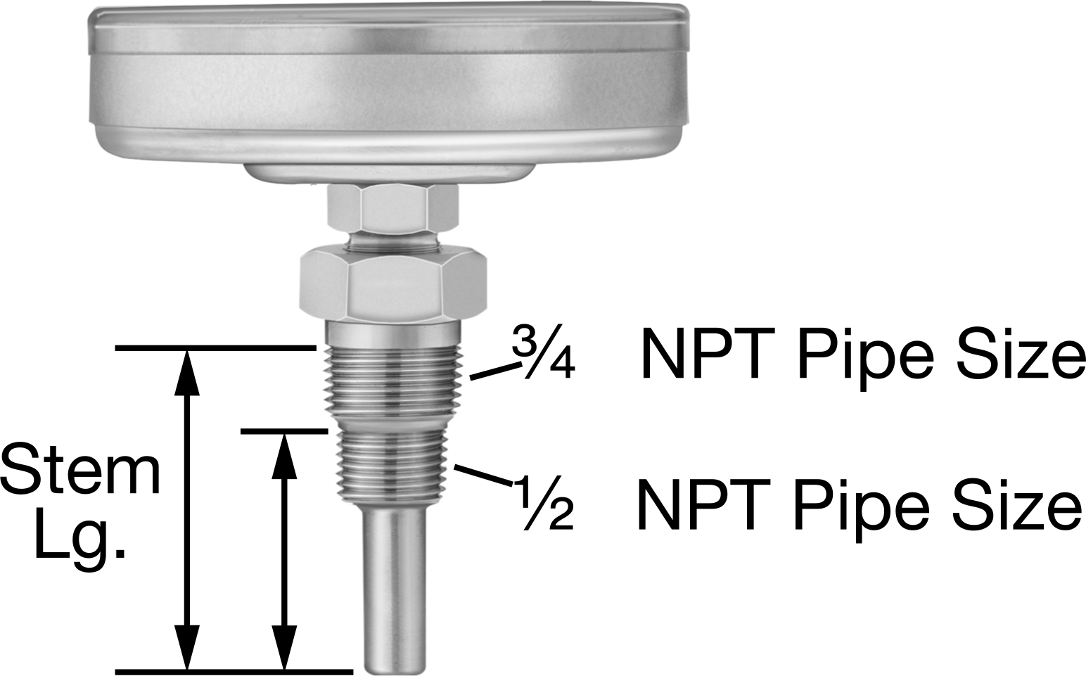 Termovell'li Ağır Hizmet Tipi NPT Dişli Termometre, Paslanmaz Çelik, NPT Dişli, 2-1/2" Uzunluğunda Sap