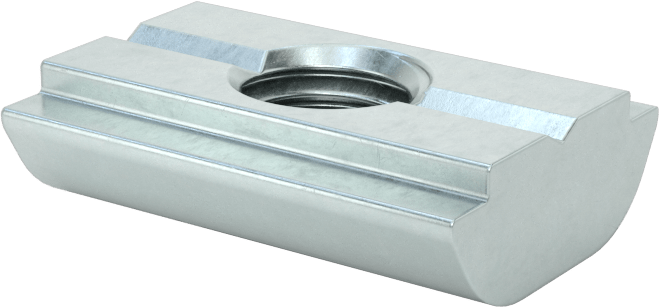 T-Yuvalı Çerçeve Bağlantı Elemanları, 1.5" için Tak-Çıkar Kendinden Hizalamalı Somun, 30 mm ve 40 mm Ray, M6 — M6, Çinko Kaplı Çelik, Somun