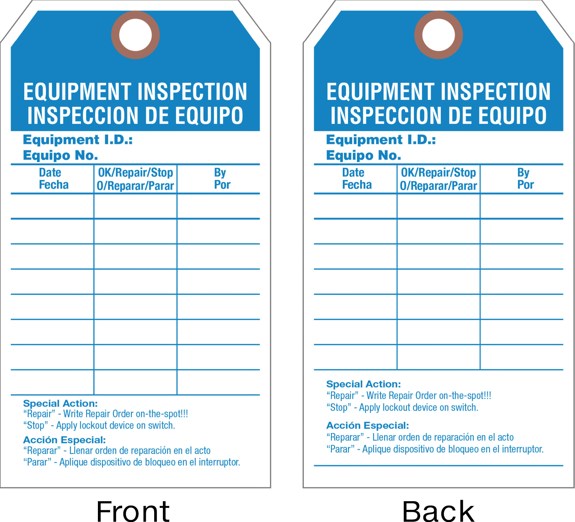 Denetim Kaydı Etiketleri, (Ekipman Muayenesi), İngilizce/İspanyolca, Karton — Equipment Inspection/Inspeccion De Equipo, Cardstock, Fiber…
