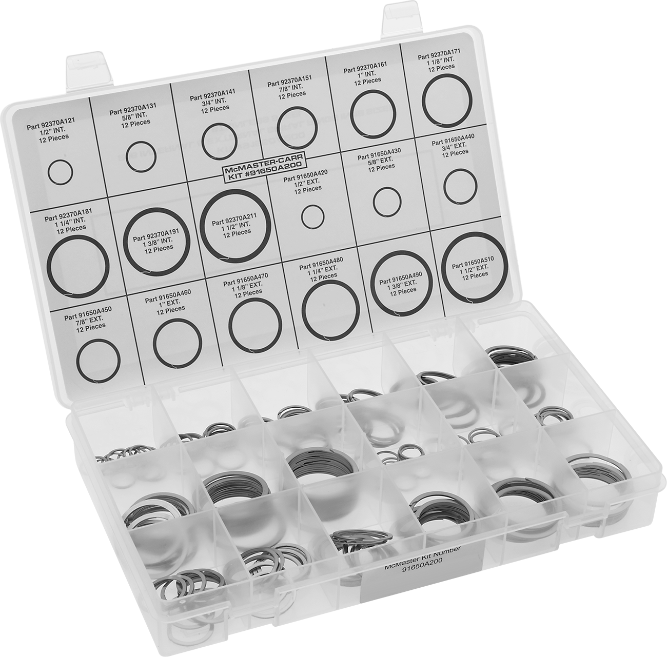 18-8 Paslanmaz Çelik 216 Parçalı Spiral Segman Seti — Spiral, Dış, Dahili, Plastik Kutu