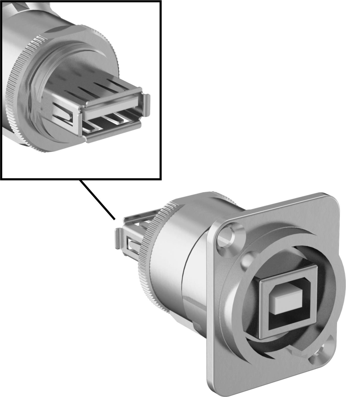 Panele Monte USB Adaptörü, USB 2.0, B Dişi x A Dişi, Nikel Kaplı Plastik — Adaptör, 2.0, Düz