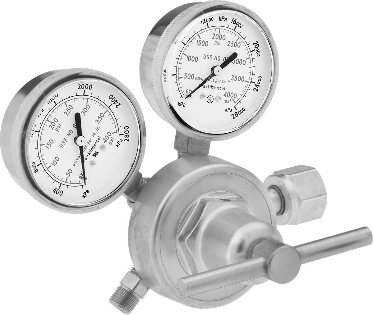 Tank Üzerine Monte Edilen Basınç Düzenleme Valfi, CGA 320 Ngo Dişi x 9/16"-18 UNF Erkek, 1 Stage — Karbondioksit, 0 psi ila 125 psi, 320