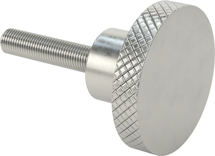 303 Paslanmaz Çelik Tırtıllı Düğme, 3/8"-24 Dişli 1-3/4" Uzunlukta Saplamalı, 2" Baş Çapı — 3⁄8"-24, 1 3⁄4", 303 Paslanmaz Çelik