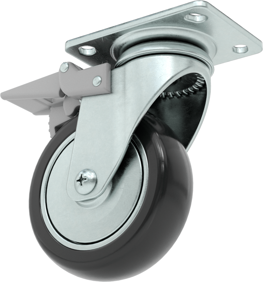 3-3/4" x 2-3/4" Plakalı Statik Kontrol Tekerlek, Kilitli ve 4" x 1-1/4" Siyah Tread-on-Core Kauçuk Tekerlekli Döner Tekerlek