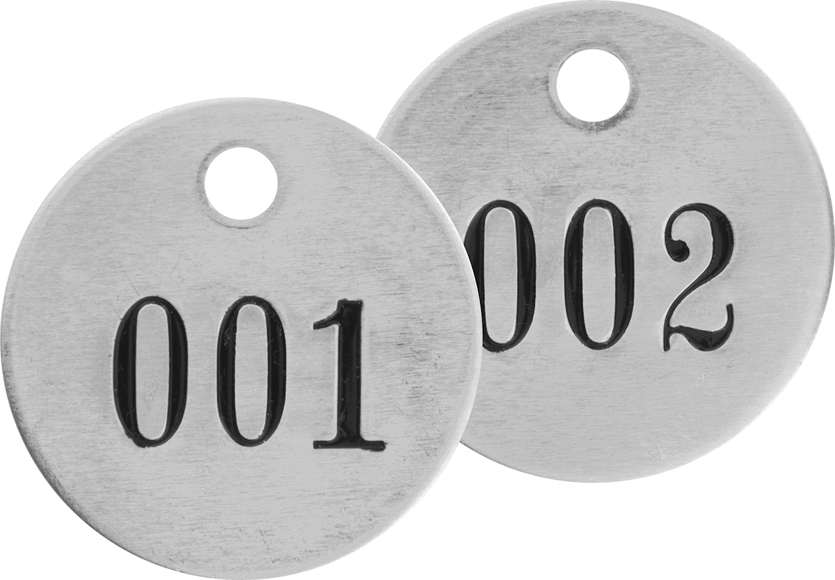 Sıralı Numaralı Metal Etiketler, 316 Paslanmaz Çelik, 1" Çaplı Daire, Karakterler 001-025 — Yuvarlak, 316 Stainless Steel, Stainless Stee…