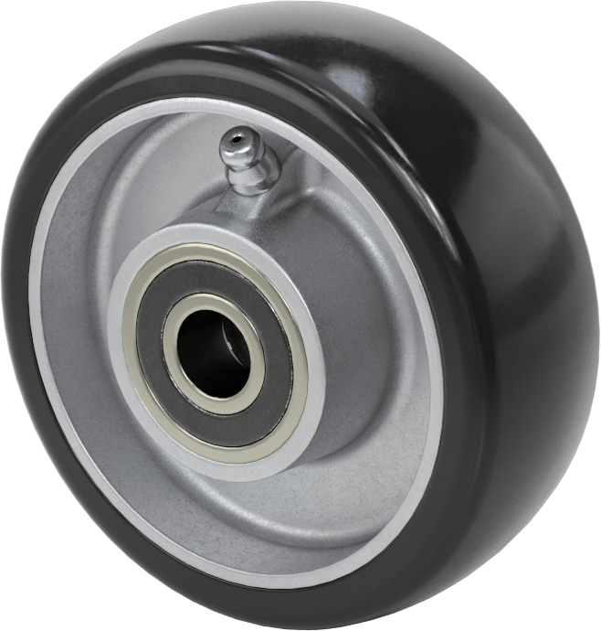 Hafif Yumuşak Siyah Kauçuk Tekerlek, 1/2" Aks için Bilyalı Rulmanlı, 3-1/2" Çap x 1-1/4" Genişlik — 3 1⁄2", 1⁄2", 1 1⁄4"