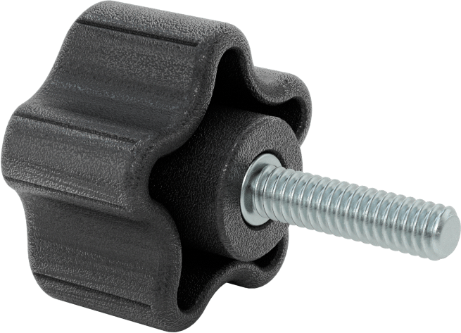 Rahat Tutuşlu Plastik Beş Kollu Topuz, 1/4"-20 Dişli 1" Uzunlukta Saplama, 1-1/2" Genişlik Başlık