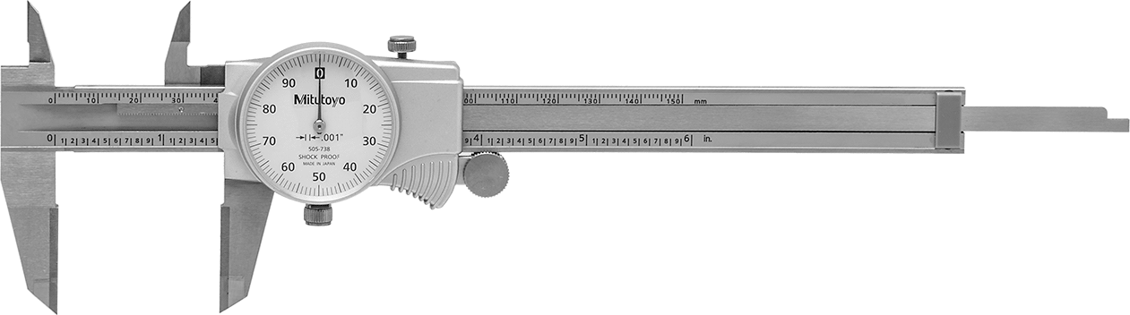 Mitutoyo Kadranlı Kumpas, Aşınmaya Dayanıklı, Model Numarası 505-738, 0" ila 6" Ölçüm Aralığı — Kadran, Beyaz, Karbür