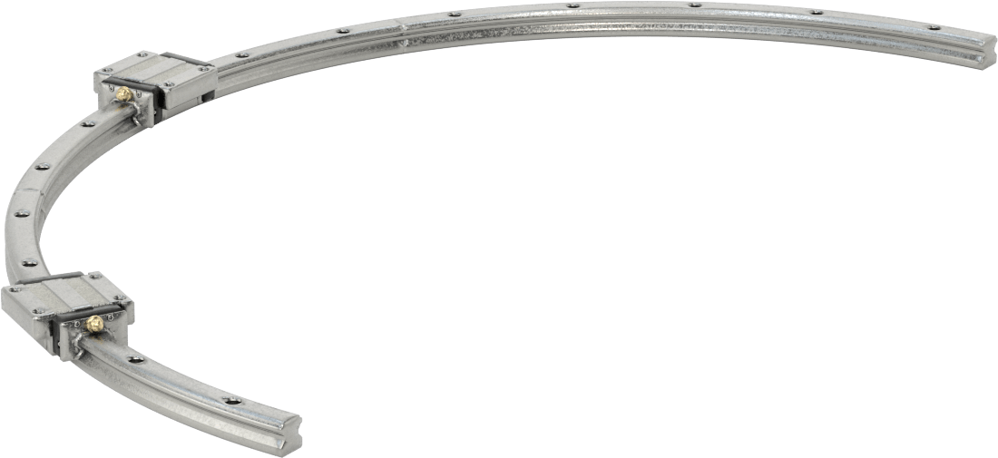 Eğriler için Bilyalı Rulmanlı Taşıyıcı ve Kılavuz Ray, 300 mm Ray Bükülme Yarıçapına Sahip Yarım Yuvarlak Ray, 940 mm Uzunluk — 15 mm, 47…