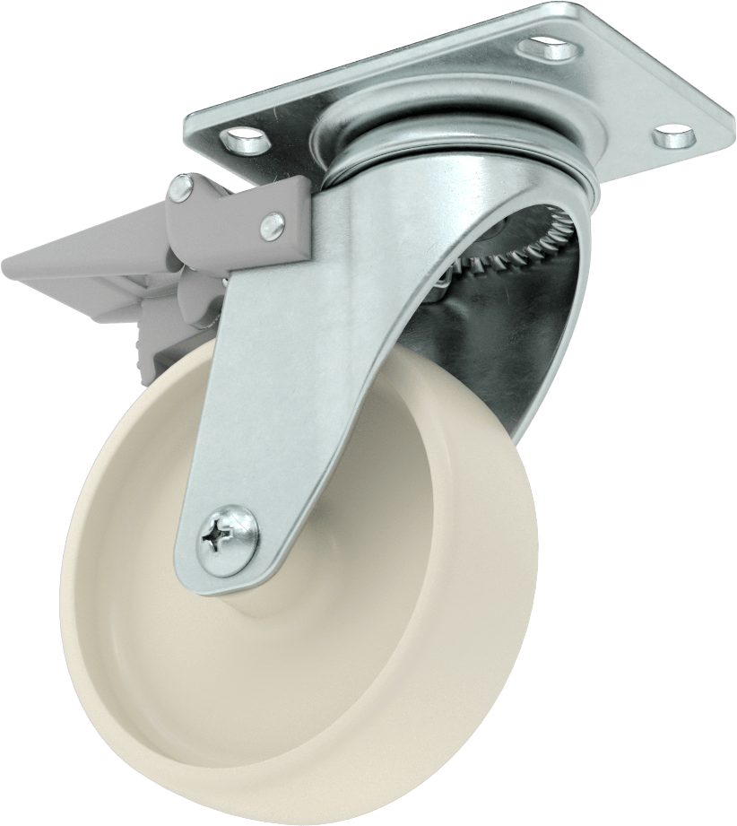 3-3/4" x 2-3/4" Plakalı Parlak Yüzeyli Tekerlek, Tam Kilitli ve 4 inç Çapında Naylon Tekerlekli Döner — 5 1⁄2", Levha, 4"